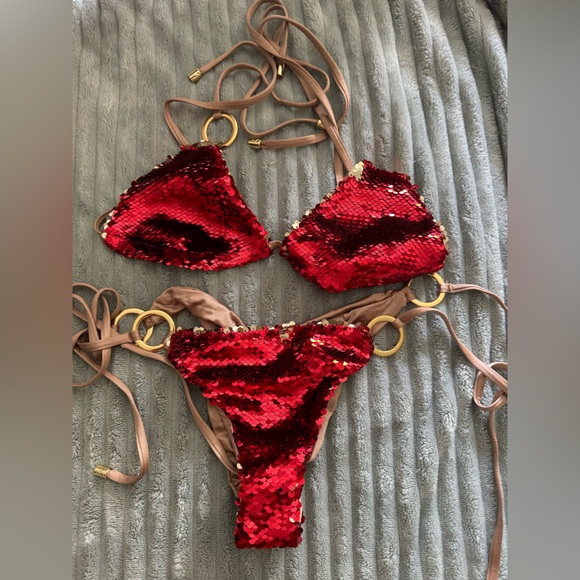 Beach bunny swimwear siren song bathing suits- red sequin bikini set - Picture 2 of 2